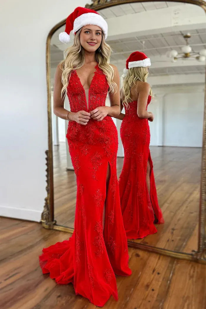 Weitese Dress Red Sleevelsss Mermaid Deep V-Neck Lace Prom Dress With Appliques Split